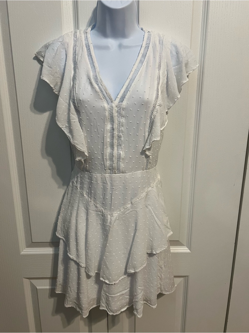 Express White Swiss Dot Ruffle Mini Dress